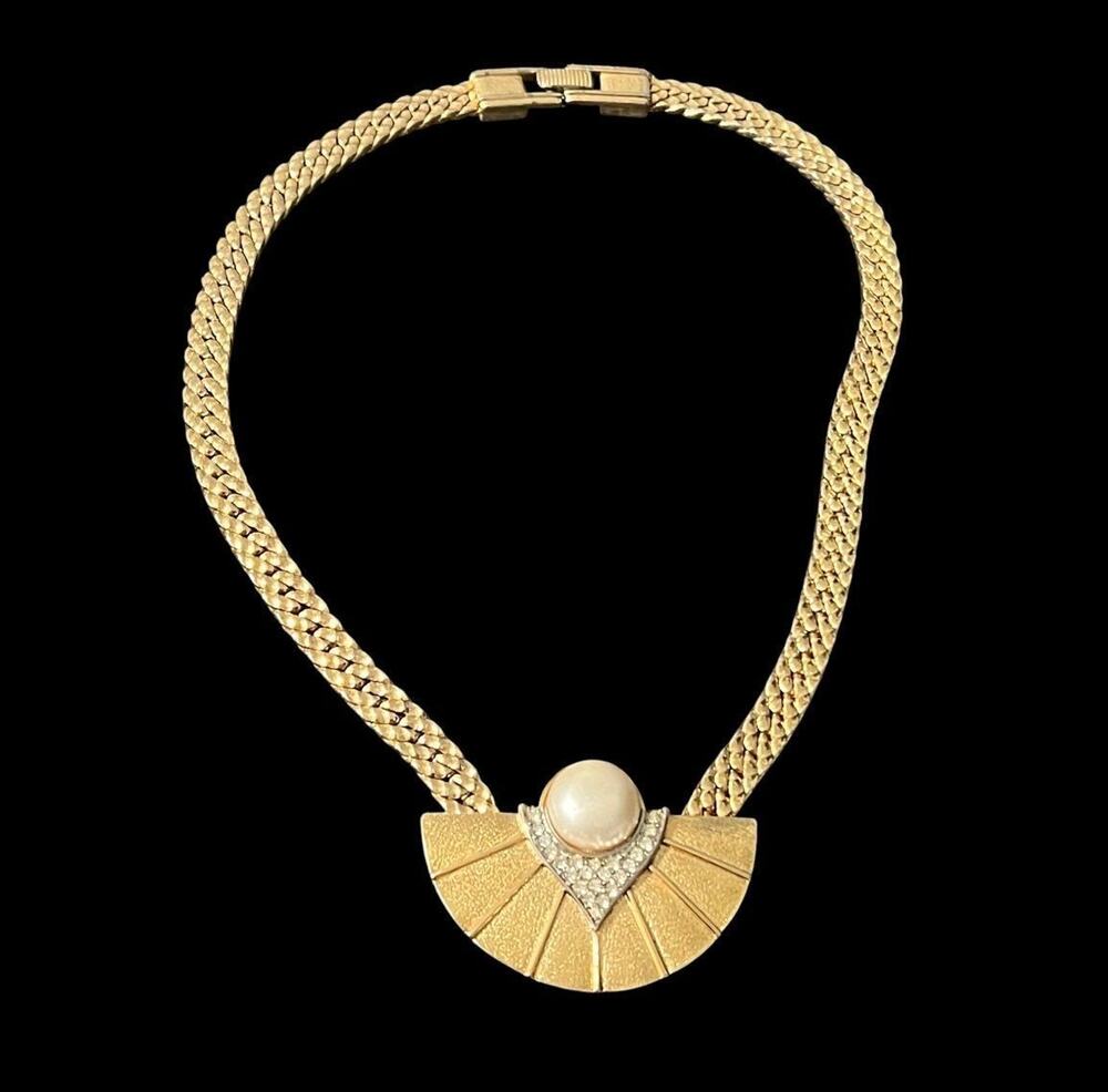 Vintage Park Lane Necklace Goldtone Cleopatra Art Deco Faux Pearls Rhinestones